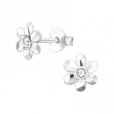 Flower with crystals - 925 Sterling Silver Ear Studs With Crystal Stones A4S48716