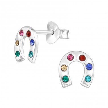 Horseshoe with Crystal - 925 Sterling Silver Ear Studs With Crystal Stones A4S48788