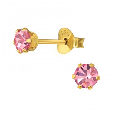 Golden Round 4mm  - 925 Sterling Silver Ear Studs With Crystal Stones A4S49177