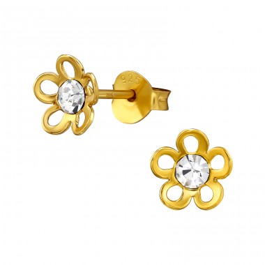 Golden Flower with Crystals - 925 Sterling Silver Ear Studs With Crystal Stones A4S49250