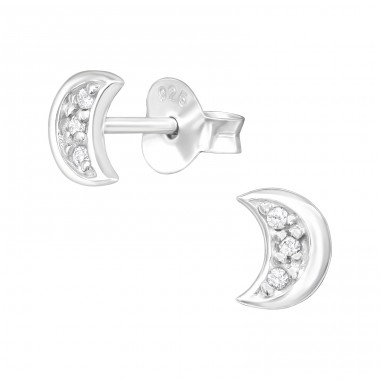 Moon - 925 Sterling Silver Ear Studs with Zirconia stones A4S26018