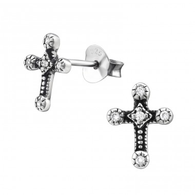 Cross - 925 Sterling Silver Ear Studs with Zirconia stones A4S30822