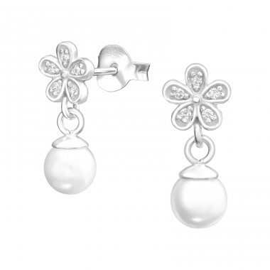 Flower With Hanging Pearl - 925 Sterling Silver Ear Studs with Zirconia stones A4S37915