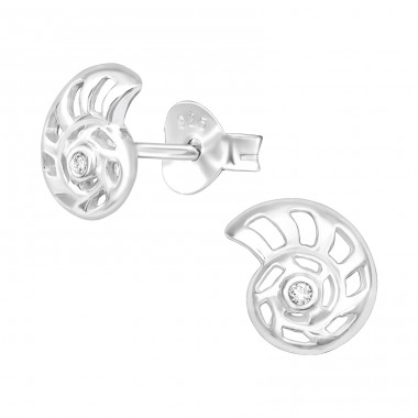 Shell with zirconia in its heart - 925 Sterling Silver Ear Studs With Zirconia Stones A4S38823