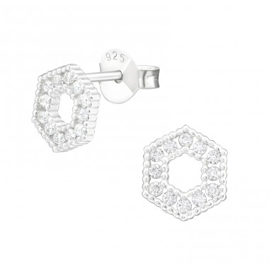 Hexagon - 925 Sterling Silver Ear Studs with Zirconia stones A4S38830