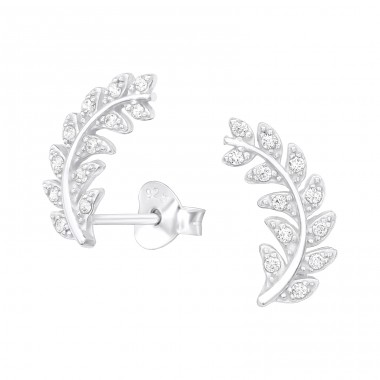 Olive Leaf - 925 Sterling Silver Ear Studs with Zirconia stones A4S38833