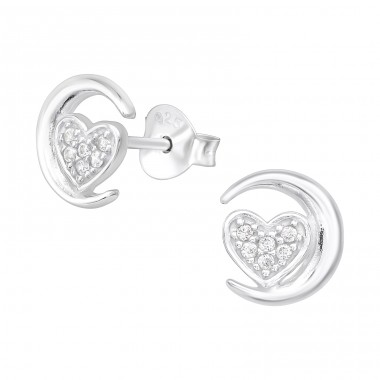 Moon & Heart - 925 Sterling Silver Ear Studs with Zirconia stones A4S38840