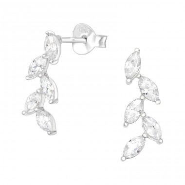 Olive Leaf - 925 Sterling Silver Ear Studs with Zirconia stones A4S40064