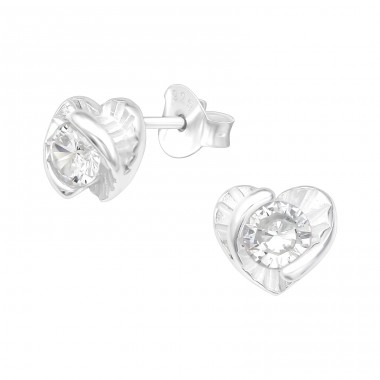 Heart with Zirconia in the center - 925 Sterling Silver Ear Studs With Zirconia Stones A4S40086