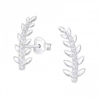 Leaf - 925 Sterling Silver Ear Studs with Zirconia stones A4S40132