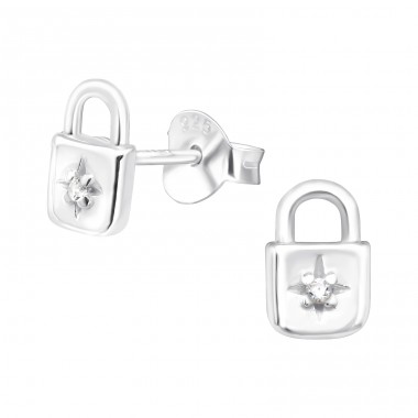 Padlock - 925 Sterling Silver Ear Studs with Zirconia stones A4S40477