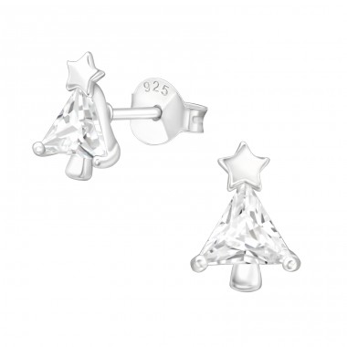 Christmas Tree - 925 Sterling Silver Ear Studs with Zirconia stones A4S40554