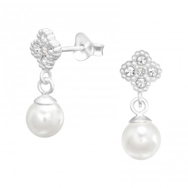 Flower with hanging pearls - 925 Sterling Silver Ear Studs With Zirconia Stones A4S41091