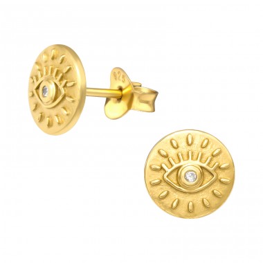 Golden Evil Eye - 925 Sterling Silver Ear Studs With Zirconia Stones A4S41144