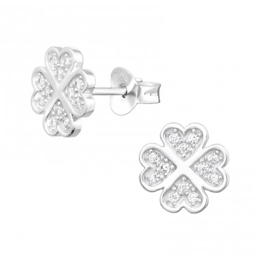 Lucky Four Leaf Clover - 925 Sterling Silver Ear Studs with Zirconia stones A4S41292