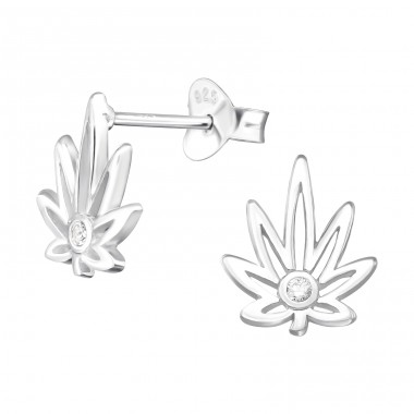 Cannabis Leaf - 925 Sterling Silver Ear Studs with Zirconia stones A4S41335