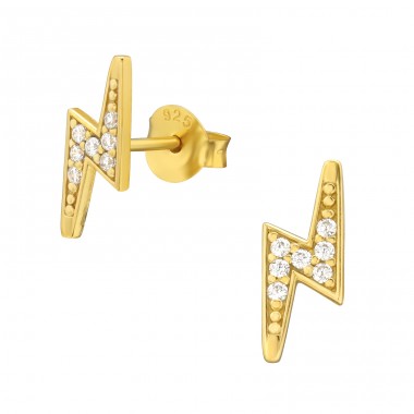 Golden Lightning Bolt - 925 Sterling Silver Ear Studs With Zirconia Stones A4S42141