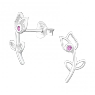 Tulip flower with pink zirconia - 925 Sterling Silver Ear Studs With Zirconia Stones A4S42285