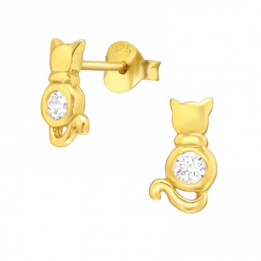 Golden Cat with Zirconia - 925 Sterling Silver Ear Studs With Zirconia Stones A4S42532