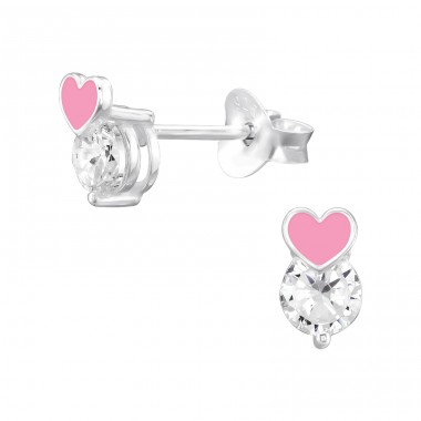 Pink Heart Ear Studs with Zirconia - 925 Sterling Silver Ear Studs With Zirconia Stones A4S42765