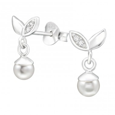 Leaves with a hanging white pearl - 925 Sterling Silver Ear Studs With Zirconia Stones A4S43410