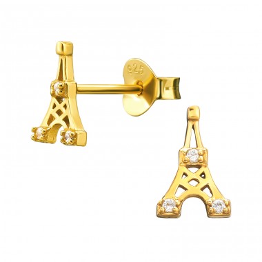 Golden Eiffel Tower - 925 Sterling Silver Ear Studs With Zirconia Stones A4S44031