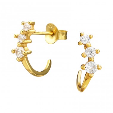 Zirconia in golden curved Geometric - 925 Sterling Silver Ear Studs With Zirconia Stones A4S44174