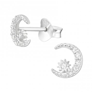 Moon - 925 Sterling Silver Ear Studs with Zirconia stones A4S44222