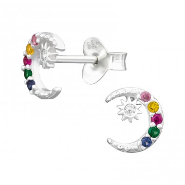 Crescent Moon And Star - 925 Sterling Silver Ear Studs with Zirconia stones A4S44580