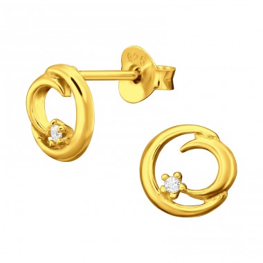 Golden Crescent Moon with zirconia - 925 Sterling Silver Ear Studs With Zirconia Stones A4S44667