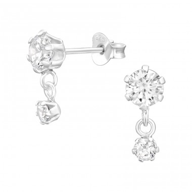 Big zirconia with small dangling one - 925 Sterling Silver Ear Studs With Zirconia Stones A4S44727