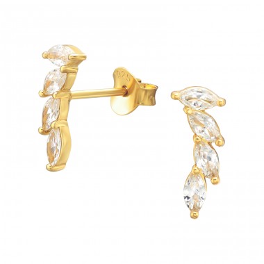 Golden Leaves - 925 Sterling Silver Ear Studs With Zirconia Stones A4S45335