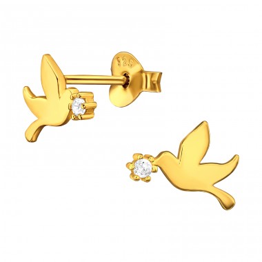 Golden Dove peace  - 925 Sterling Silver Ear Studs With Zirconia Stones A4S45576