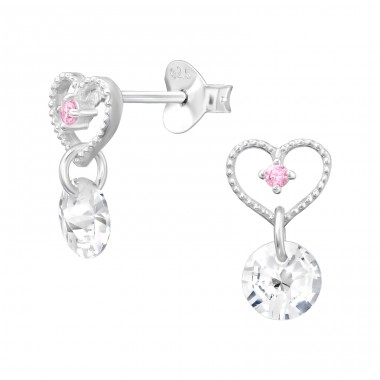 Heart with hanging Zirconia - 925 Sterling Silver Ear Studs With Zirconia Stones A4S45746