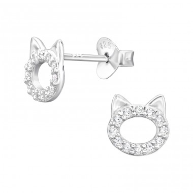 Cat face with zirconia - 925 Sterling Silver Ear Studs With Zirconia Stones A4S45884