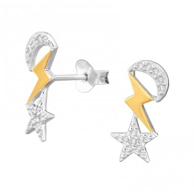 Moon Lightning Star with Zirconia - 925 Sterling Silver Ear Studs With Zirconia Stones A4S46926