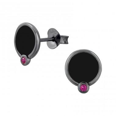 Black Round with Zirconia - 925 Sterling Silver Ear Studs With Zirconia Stones A4S46977