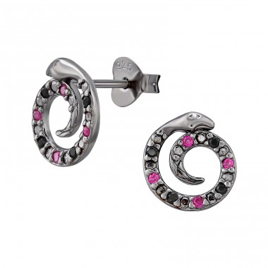 Coiled Snake with Zirconia - 925 Sterling Silver Ear Studs With Zirconia Stones A4S46979