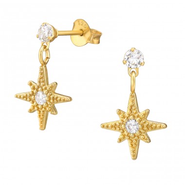 Golden Starburst with Zirconia - 925 Sterling Silver Ear Studs With Zirconia Stones A4S47104