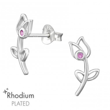 Tulip with zirconia - 925 Sterling Silver Ear Studs With Zirconia Stones A4S47191