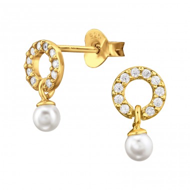 Golden circle with cubic zirconia and pearl - 925 Sterling Silver Ear Studs With Zirconia Stones A4S47521