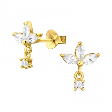 Golden flower with cubic zirconia - 925 Sterling Silver Ear Studs With Zirconia Stones A4S47525