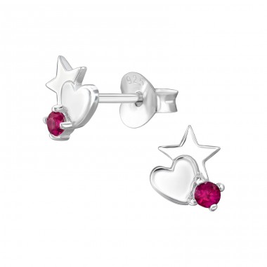 Heart, Star and cubic zirconia - 925 Sterling Silver Ear Studs With Zirconia Stones A4S47654