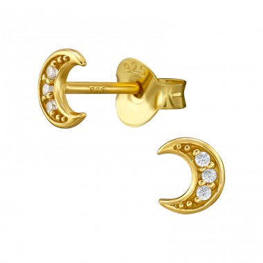 Golden moon with cubic zirconias - 925 Sterling Silver Ear Studs With Zirconia Stones A4S47845