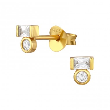 Golden Baguette And Round - 925 Sterling Silver Ear Studs With Zirconia Stones A4S47925