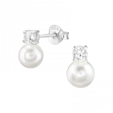 Round with Pearl and Zirconia - 925 Sterling Silver Ear Studs With Zirconia Stones A4S48146