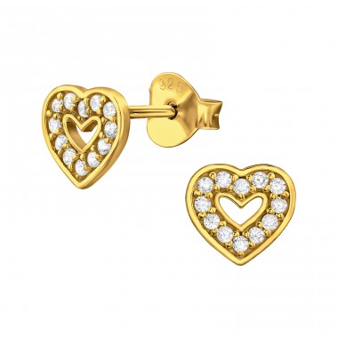 Golden Open Heart - 925 Sterling Silver Ear Studs With Zirconia Stones A4S48296