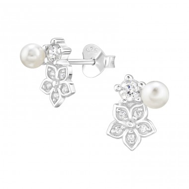 Flower with cubic zirconia - 925 Sterling Silver Ear Studs With Zirconia Stones A4S48297