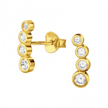 Golden Connected Circles with Zirconia - 925 Sterling Silver Ear Studs With Zirconia Stones A4S48302