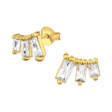 Golden Baguette with Zirconia - 925 Sterling Silver Ear Studs With Zirconia Stones A4S48313